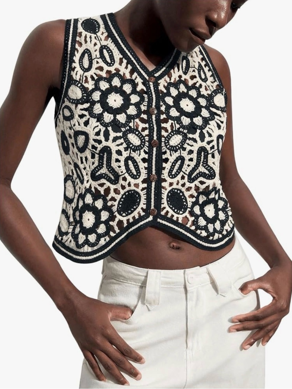 Black White Crochet Floral Top Blouse Sweater Vest